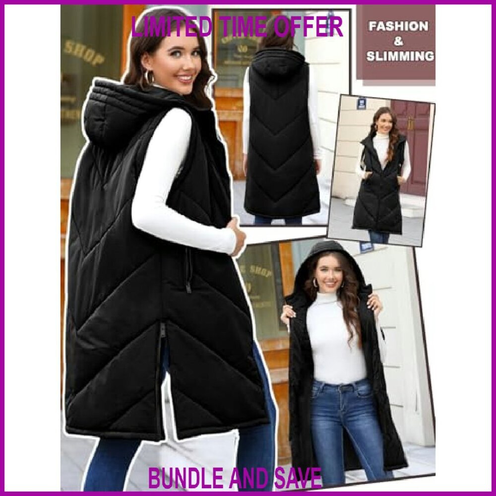 Women's Long Puffer Vest Hooded Sleeveless Quilted Winter Jacket with Pockets - Picture 3 of 8